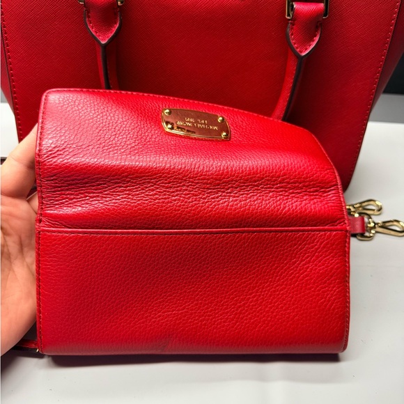 Michael Kors Red Satchel Top Handle Bag & Strap Wallet Set Gold Hardware - Picture 5 of 11